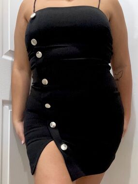 Black Bodycon Mini Dress with Silver Button Detail
